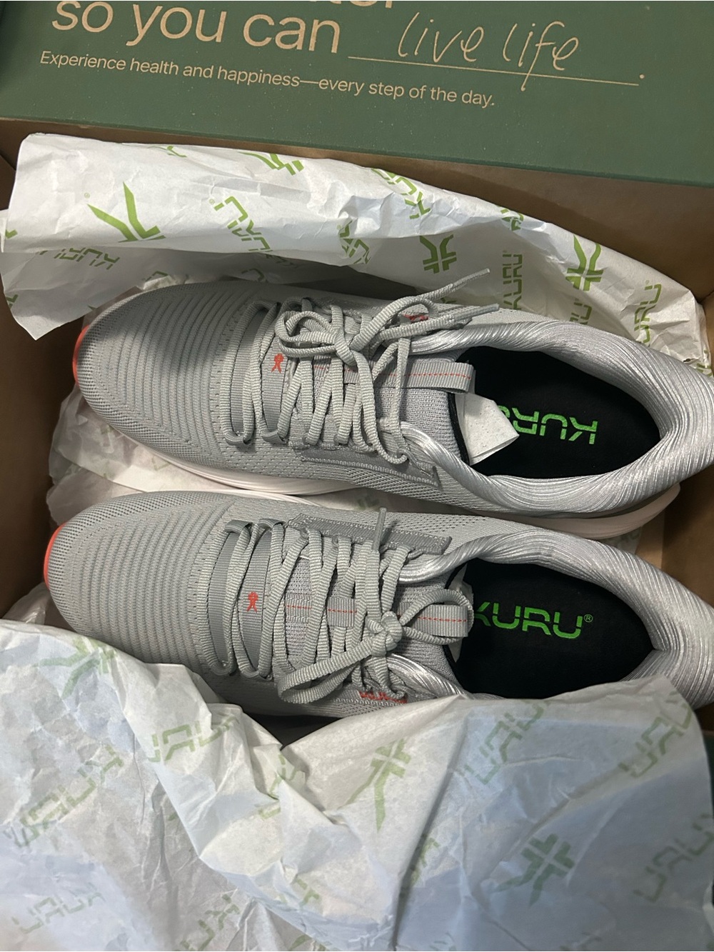 KURU Men's Light Gray Athletic Sneakers with Green Logo and Coral Accents,New